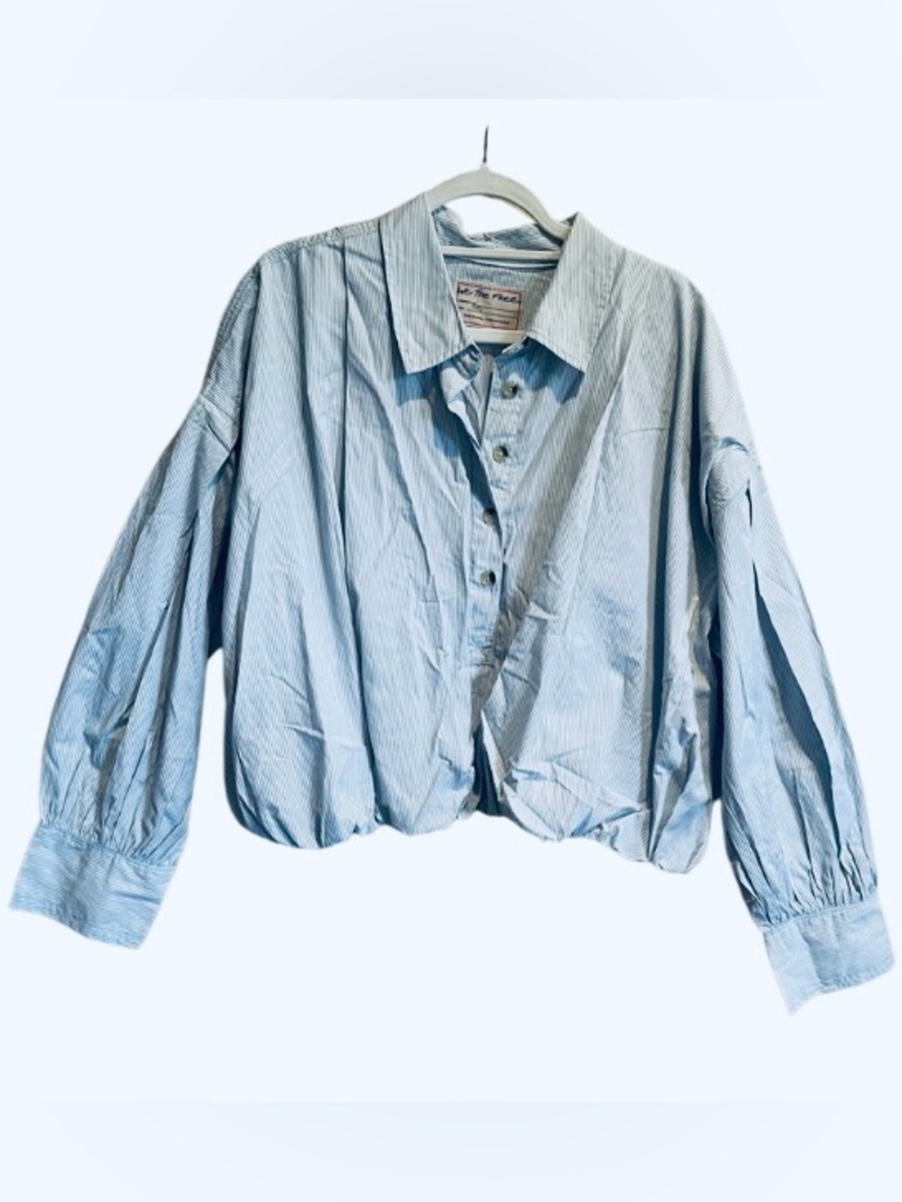 FREE PEOPLE- Light Blue Striped Bubble-Hem Button Top - Picture 4 of 12